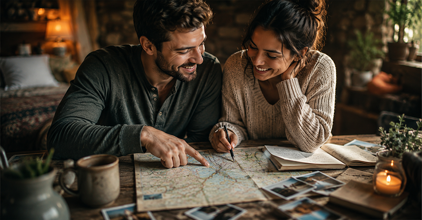 A smiling couple sitting at a rustic wooden table together, looking at a paper road map and planning a trip by candlelight.