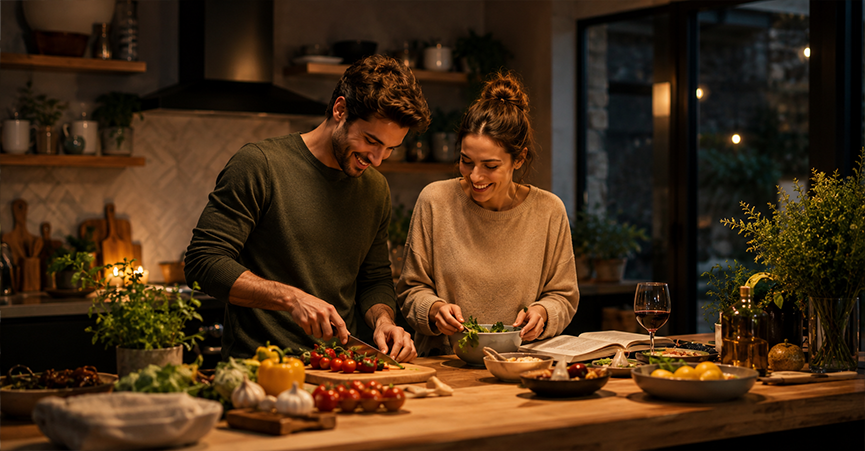 A smiling couple preparing a healthy dinner together at a wooden kitchen island filled with fresh vegetables.