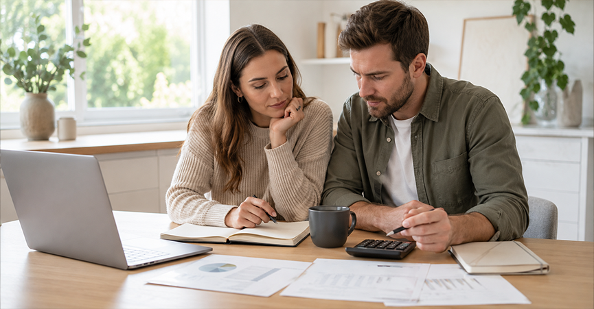 A young couple sitting at a wooden table reviewing financial documents and budgeting for couples therapy costs using a calculator and laptop.