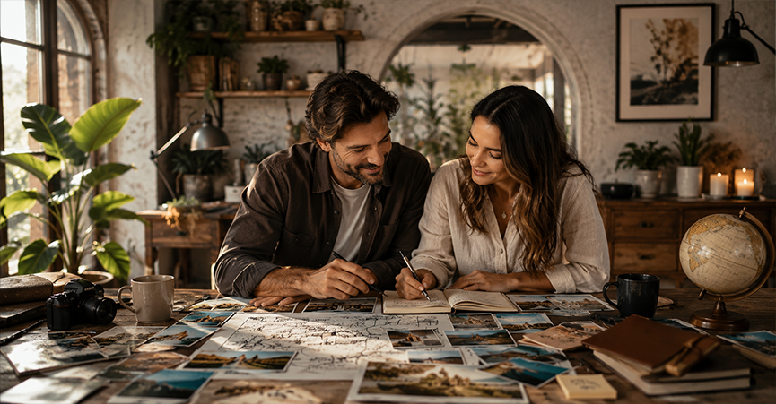 A smiling couple sitting at a desk filled with photos, writing in a journal and planning together.