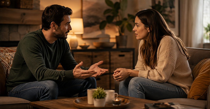 A man and woman sitting across from each other on living room sofas, having a serious conversation.