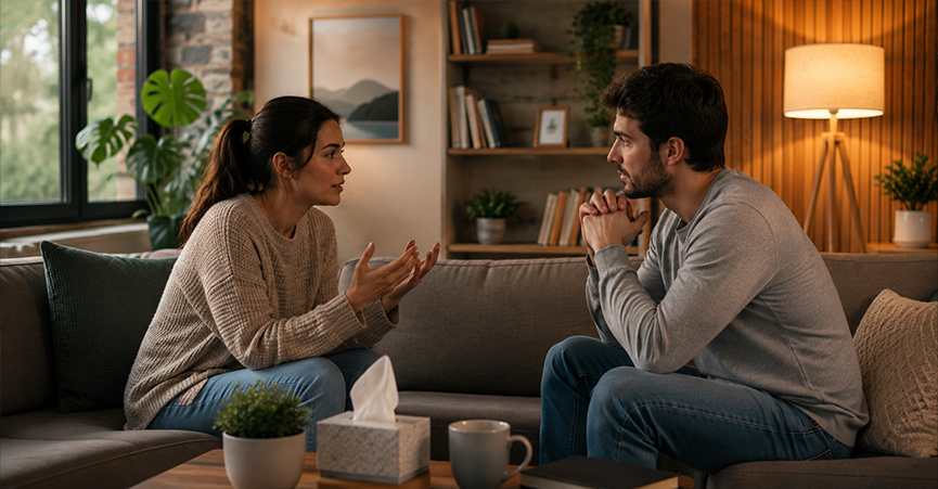 A man and woman sitting opposite each other on a couch during a tense relationship discussion in a living room.