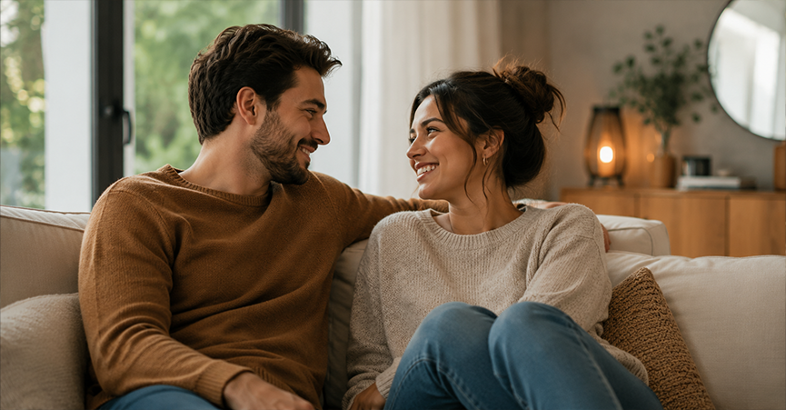 A happy man and woman sitting on a comfortable living room sofa, smiling warmly and looking into each other's eyes.