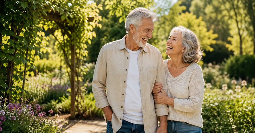 A happy senior couple laughing together while walking arm-in-arm through a lush, sunny garden.