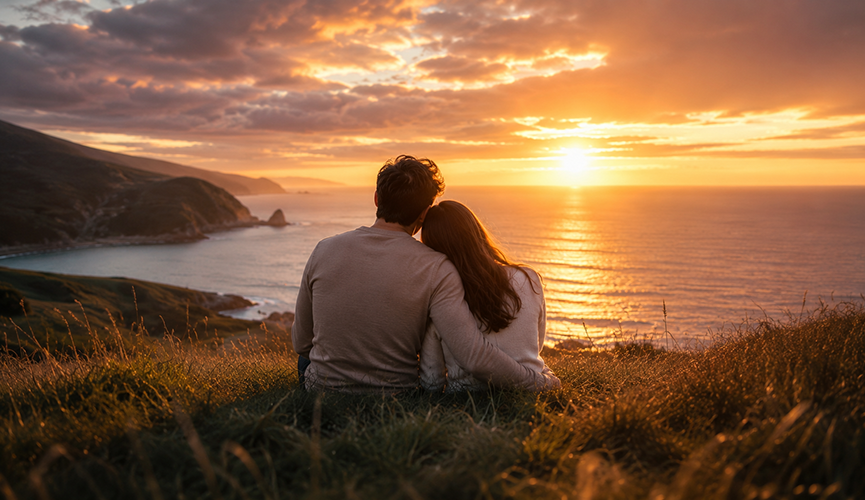 A couple sitting closely together on a grassy hill, watching a dramatic golden sunset over the ocean.