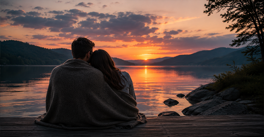 A couple wrapped in a blanket sitting together on a wooden dock, watching a sunset over a calm lake.