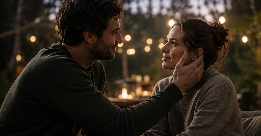 A man gently touching a woman's face as they look affectionately at each other outdoors at night with warm string lights.