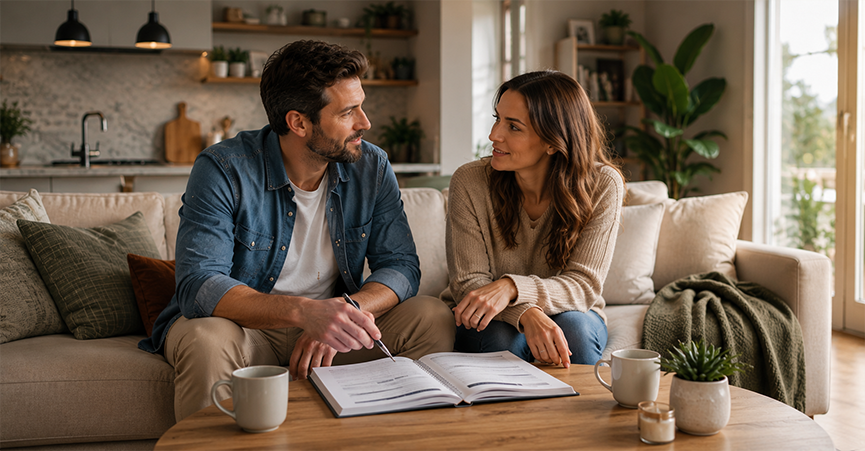 A man and woman sitting on a living room sofa practicing a Gottman Method couples therapy exercise with an open workbook.